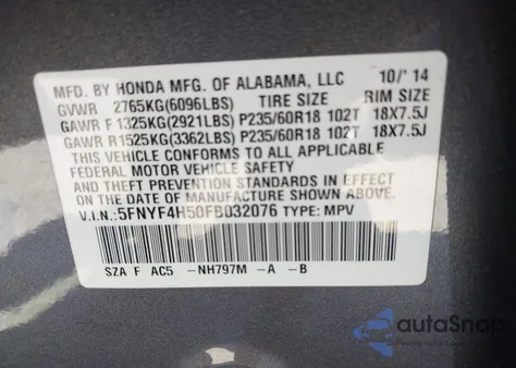 2015 Honda Pilot Ex-L z USA, uszkodzony, nr VIN 5FNYF4H50FB032076